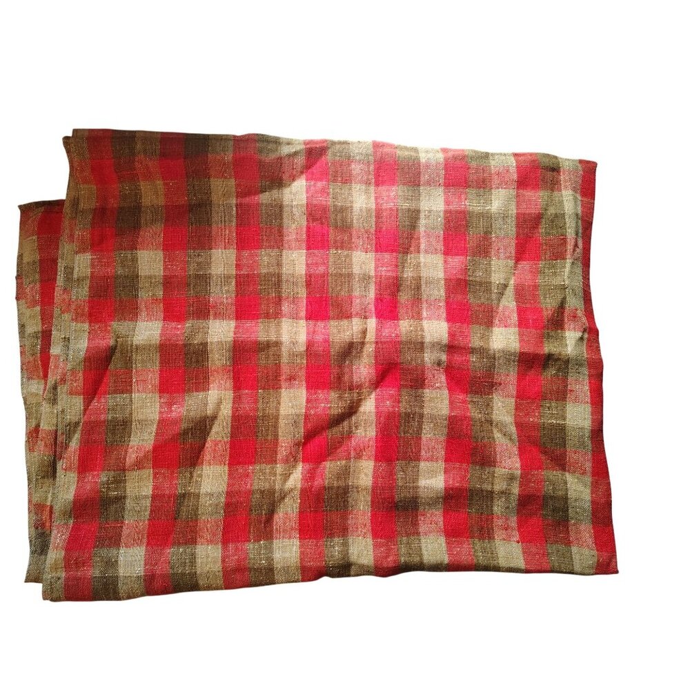 Vintage Bloomingdale's Woven Plaid Table Cloth Belgium Brown Tan Orange 65 x 99